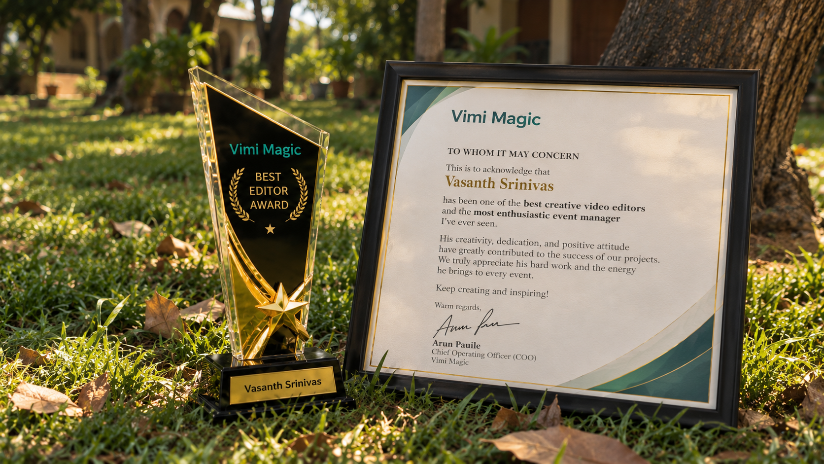 Vasanth's Best Editor award and certificate from Vimi Magic